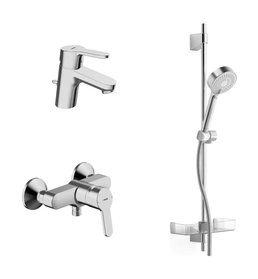 Drei Badezimmerarmaturen in Chromfinish von HANSA. Enthält einen Waschtischmischer, eine Wandarmatur und eine Handbrause mit Halterung und Schlauch.
